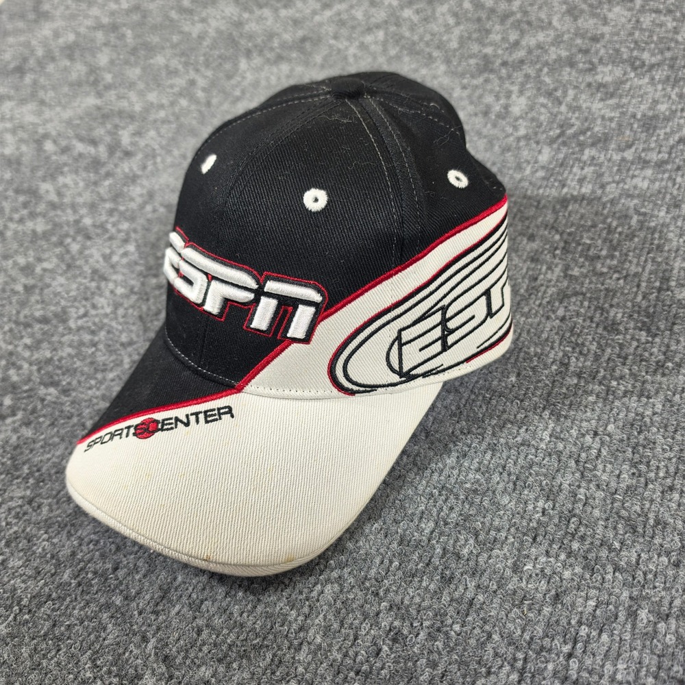 ESPN SportsCenter Hat Mens Black White Red Embroidered Hook Loop Baseball Cap